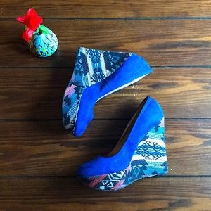Blue Aztec Wedge Platform Heels